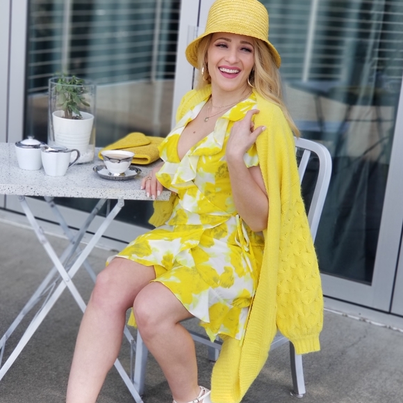 Sun Drenched Yellow Floral Wrap Mini Dress - Picture 3 of 6